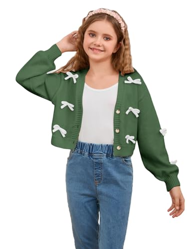 MakeMeChic Girl's Cute Bow Cropped Cardigan Sweaters Long Sleeve V Neck Button Down Knitted Cardigan Dark Green 10 Years