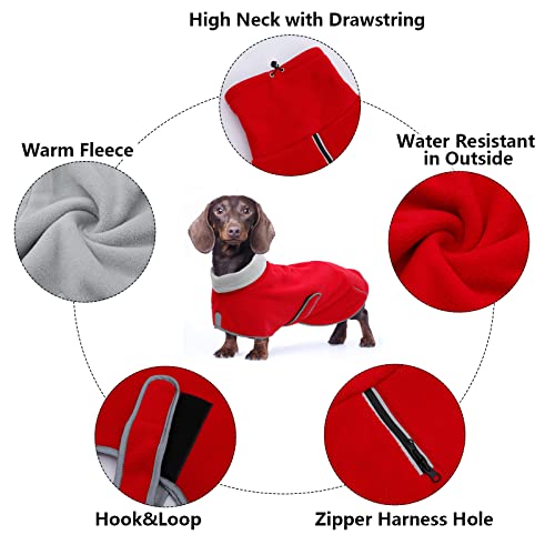 MOREZI Dackeljacke, Kaschmirfutter, Welpenwinterjacke mit Reflexbesatz und hohem Kragen, Hundeschneejacke mit verstellbarem Klettverschluss-Rot-L