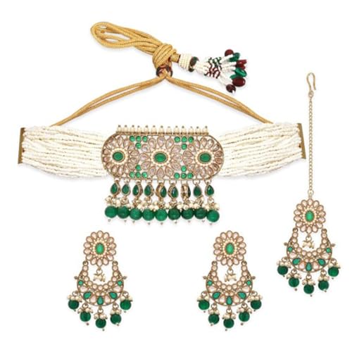Rubans 24K Gold Plated Kundan-Studded Green & White Pearl Beaded Choker Necklace, Earring, and Maangtikka Set for Women & Girls, Perfect for any Festive Occasion (B0D6RT4PCP) Amazon Price History, Amazon Price Tracker
