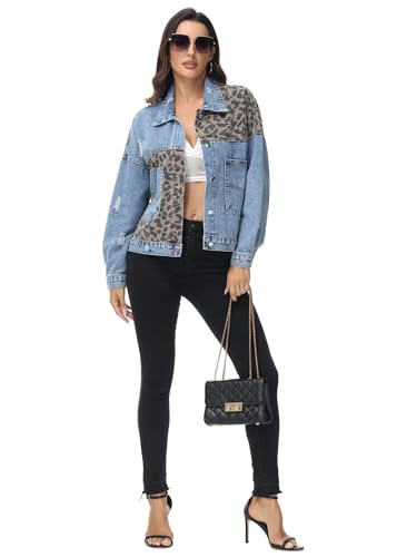 Anna-Kaci Women Long Sleeve Button Down Leopard Print Crop Denim Jacket Ripped Distressed Boyfriend Outerwear4