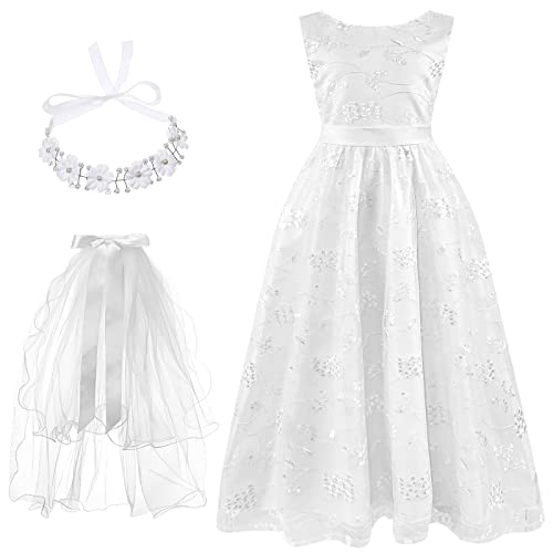 Xuhal 3 Pcs Wedding Girl Set, First Communion White Lace Girl Dress with Belt Floral Crown Head Wreath with Veil(Size 8)