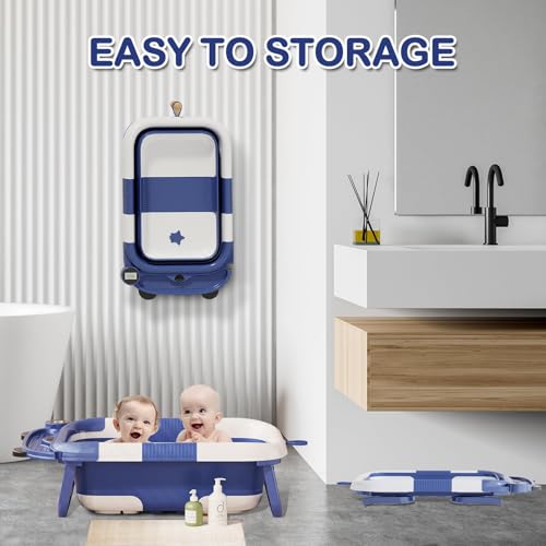 Image of Collapsible Baby Bathtub for Newborn with Real-time Temp Monitor + Soft Floating Cushion Durable Foldable Baby Tubs for Infants to Toddler, Portable Travel Bathtub with Drain Hole Navy Blue