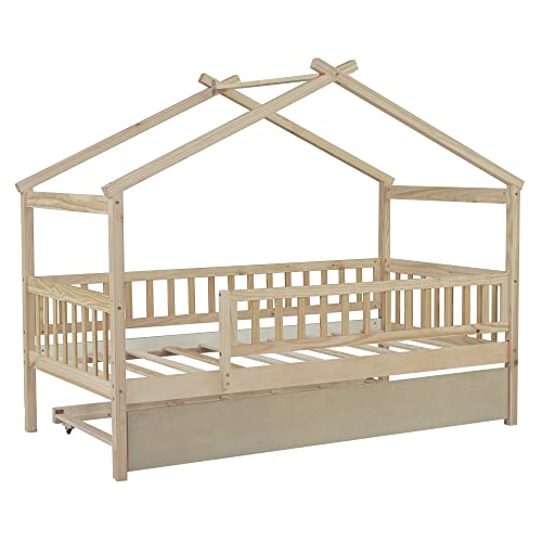 Twin House Bed With Trundle, House Bed For Kids, Wooden Daybed Twin Platform Bed Frame With Guardrails And Roof, For Girls Boys, Easy Assembly (Twin Size, Natural) #TOP7