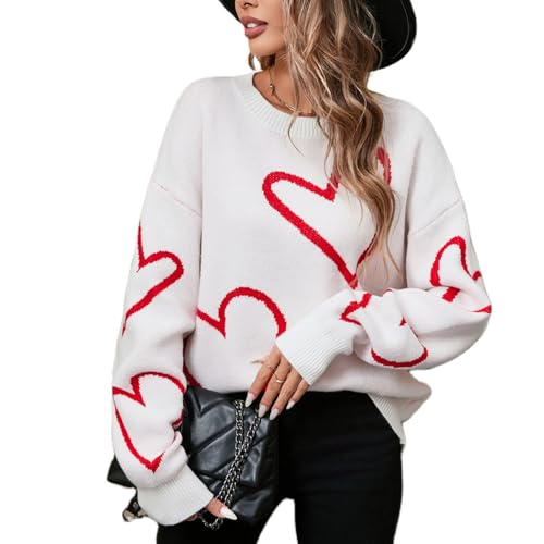 Geagodelia Women's Oversized Jumper Valentines Heart Knitted Sweater Ladies Long Sleeve Crew Neck Knitwear Pullover Top Streetwear Autumn Winter UK (Y - White, M)