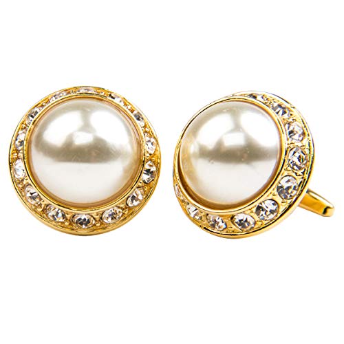 Vittorio Vico Round Colored Crystal Diamond Set Cufflinks by Classy Cufflinks (Gold Plated Stainless Steel, Pearl)