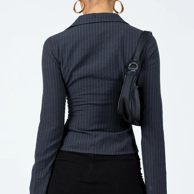 Women Pinstripe Shirt Flared Long Sleeves Button Down Fitted Crop Shirts Blouses Business Casual Top - Image 4