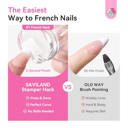 Image of Saviland French Tip Nail Stamp: 4PCS Nail Art Stamper Kit Clear Silicone Nails Stamping Long & Short Jelly Stamper with Scrapers Nails Stamper Kit for French Manicure Home DIY Salon