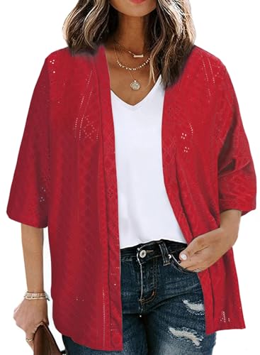Image of Eytino Plus Size Cardigan for Women Half Sleeve Knitted Jacquard Summer Kimono Cover up Tops(1X-5X)