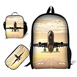 Students Backpack with Lunch Bag and Pencil Bag，17' Bookbag 3D Airplane Print for Kids