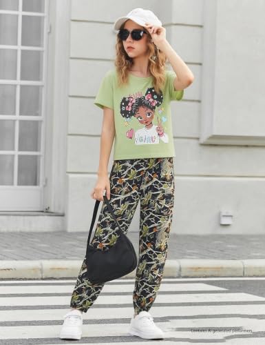 Image of mksodop Girls Outfit Set Graphic T Shirt and Camo Jogger Pants Cute Casual Clothes for Girls 5-16 Years