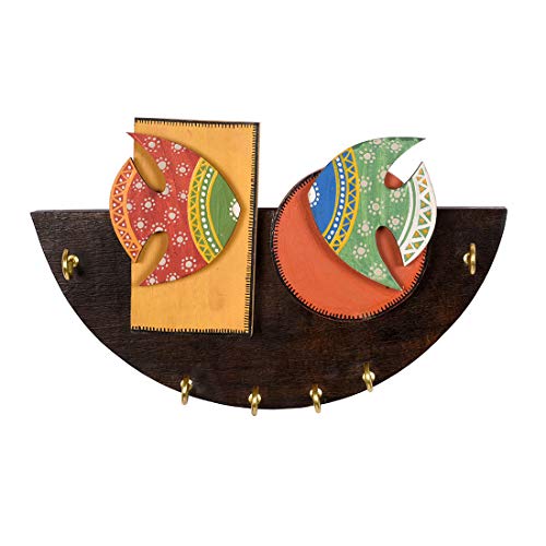 Image of AAKRITI ART CREATIONS Key Holder, Handcrafted Madhubani Fish Key Hanger | Rustic Wood Wall Organizer with 6 Hooks | New Home Gifts | Multifunctional Entryway Decor Item