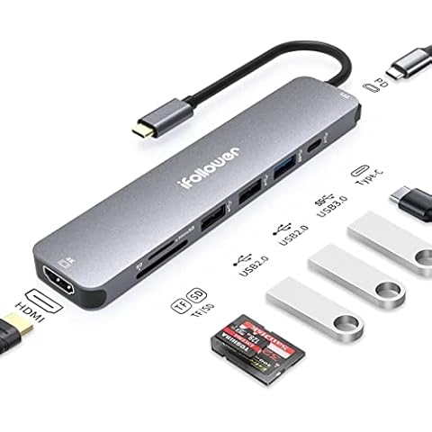 8-in-1 USB Type C Hub with HDMI Higher Resolution 4K 60Hz Refresh Rate, USB 3.0 Data Transfer, 60W PD, SD/TF Card Reader, USB C Adapter for MacBook Pro, iPad, Surface Pro/GO, XPS Cover