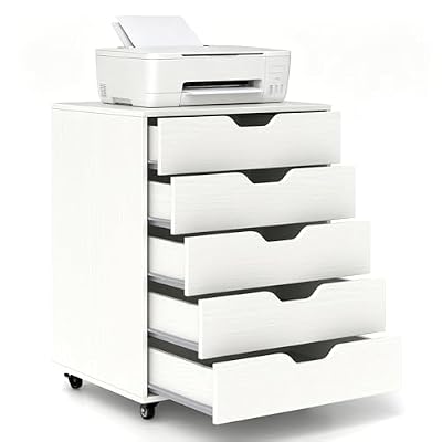 DREAMADE 5 Drawer Rolling File Cabinet, Mobile Filing Cabinet with Lockable Wheels, Under Desk Printer Stand Organizer for Home Office Bedroom Study (White)