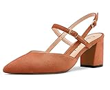Aachcol Mujer Chunky Ancho Medio Bajos Heel Pumps Correa Tobillo Slingback Puntiaguada Punta Dress Zapatos Oficina Fiesta de Boda Ante Marrón 6.5 CM 45 EU