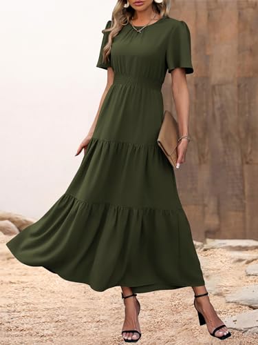 Image of PRETTYGARDEN Women's Casual Smocked Boho Floral A-Line Maxi Dress 2026 | Summer Short Flutter Sleeve Crewneck Tiered Long Sundress,Fall Wedding Guest Dresses,Spring Cute Flowy Beach Vacation Clothes