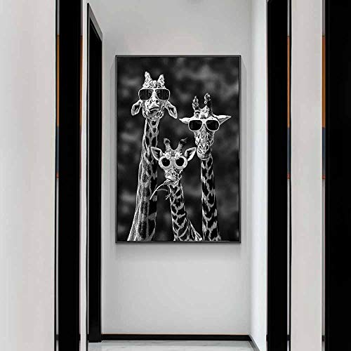 Preisvergleich Produktbild Giraffen mit Sonnenbrille Lustige Kunstplakate und Drucke Schwarzweiss-Tiere Leinwandbilder Wandkunstbilder 60 x 80 cm (23,6"x 31,4") Rahmenlos