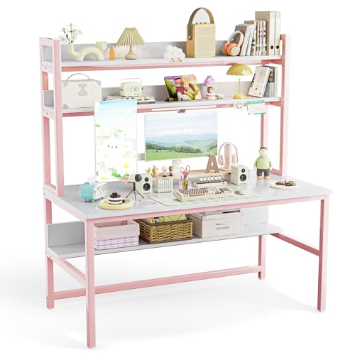 Aquzee Pink Desk with Hutch for Girls, 55in Computer Desk with Bookshelf for Teens Adults, Craft Table for Bedroom Kids Room, White Pink Study Table with Shelves for Storage