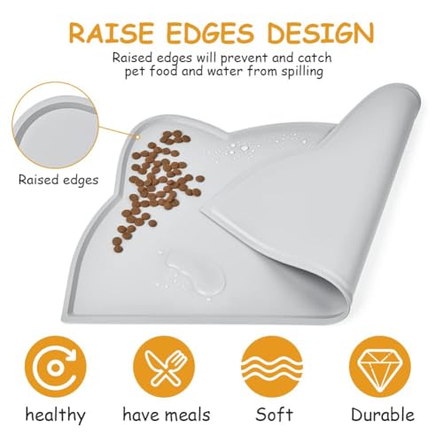 vsshe Napfunterlage für Kleine Hunde und Katze, 44 x 25 cm Napfunterlage Silikon wasserdichte und rutschfeste Silikon Fressnapf Unterlage Unterlage für Katzennapf Futtermatten (Grau)