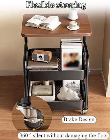 Multi-Purpose Rolling Storage Trolley with Wooden Top & Lockable Wheels - Versatile Metal Cart for Living Room, Kitchen, Bedroom - Black (1.44x0.98x2.53 ft)