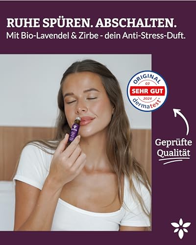 Heldengrün® BIO Roll-On 'Ruhezeit' [100% NATURREIN] Anti-Stress Duft - Dermatologisch getestet - Stressfrei Roll On mit Bio-Lavendel & Zirbe - 2-in-1: Duft & Pflege