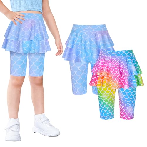 Girls Knee Length Skirt Shorts Capri Leggings Mermaid Unicorn Kids Summer Pants Footless Tights with Ruffle Skirt 2 Packs2