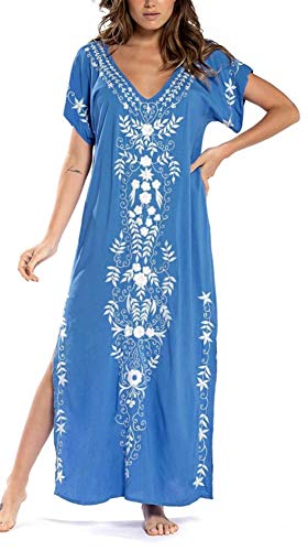 Wander Agio Womens Sunblock Skirt Long Dress Bikini Cover Up Beach Swimear Coverups Robe Dresses Embroider Blue 50