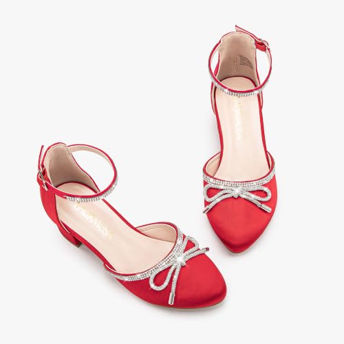 Image of LAURMOSA Girls Sandals Closed Toe High Heels Pointed Toe Ankle Strap Pumps Flower Girl Dressy Shoes in Wedding Party Cute Bowknot Chunky Block Heeled for Little Big Kids