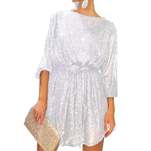 Robe de cocktail à paillettes blanche pour femme ronde style mini avec ceinture