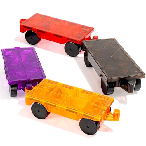 Magnetic Tiles Cars Construction Set, 4 PCS Magnetic Tiles Magnet Bricks Truck Sensory Toys, Educational Magnet Cars Set Building Blocks for Toddler 3 4 5 6 7 8+ Year Old Girls Boys