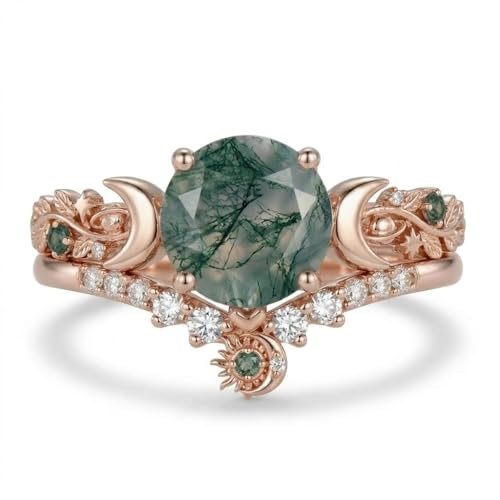 Jizuoku Natural Moss Agate Round Cut Promise Ring for Her