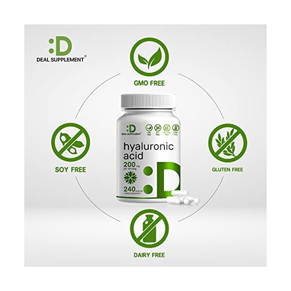Hyaluronic-Acid-Supplements-200mg-240-Capsules-4-Months-Supply-Improve-Skin-Face-Hair-Nail-Condition-and-Support-Healthy-Joints-Bones-Connective-Tissue Hyaluronic Acid Supplements 1,500mg – 240 Capsules, with MSM & Vitamin C – Pure 95% | Non-GMO + Plant Based HA – Supports Healthy Joints, Bones, Connective Tissue, & Skin Hydration