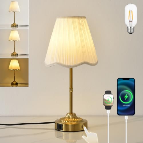 Image of Pleated Table Lamp with USB A+C Charging Ports & 3-Way Touch Dimmable