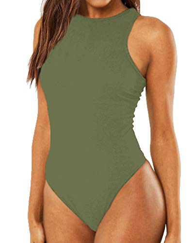Allchic Womens Tank Top Bodysuits Sexy Cami Shirts Racerback Jumpsuits (Olive Green, Medium)