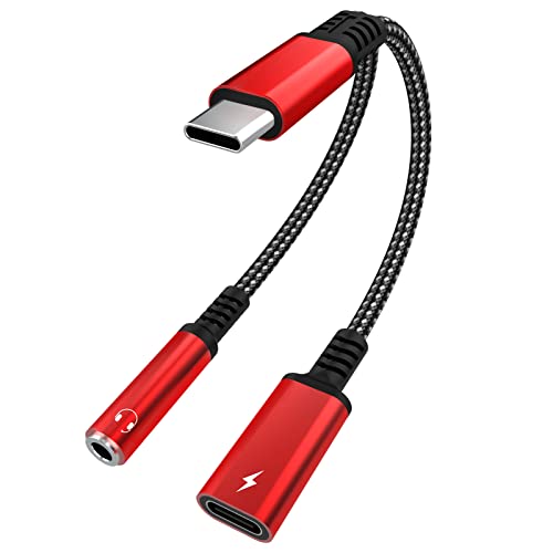 Asobilor USB Type C to 3.5mm Headphone and Charger Adapter, 2 in 1 Type C to Aux Audio Jack Hi-Res DAC and PD Fast Charge Dongle Cable Compatible with Most Type C Model (Red)