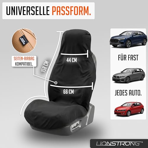 LIONSTRONG® Autositzschoner Vordersitz universell kompatibel [WASSERDICHT] - Autositzbezüge Vordersitze - Sitzschoner Sitzbezüge Auto - Autositz Sitzschutz - Werkstattschoner - Polyester
