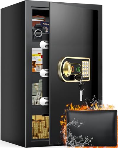 Large Safe Box, 6.0 Cuft Safe with Fireproof Waterproof Bag, Electronic Keypad, Spare Keys, Smart Alert System and 3 Removable Shelves, Document Safes for Home, Money, Cash, Jewelry, Valuables