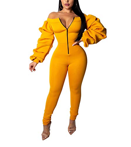 Ophestin Women Zipper Rompers Sexy Off Shoulder Club Bodycon Skinny Rompers Jumpsuits Outfits Yellow XL