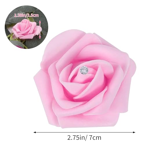 Image of 100Pcs Real Looking Pink with Diamonds Artificial Rose Flower Heads, Foam Fake Roses for DIY Wedding Decorations Baby Shower Centerpieces Home Party Valentine's Day Mother's Day Decor
