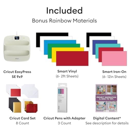 Image of Cricut Explore 5 Essential Bundle with Multicolor Sampler + EasyPress 9x9 | All-in-One Kit for Stickers, T-Shirts & Custom Apparel - Includes Multicolor Smart Vinyl & Iron-On, Heat Press & Cardstock