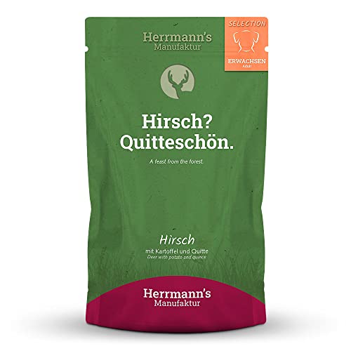 HERRMANN'S – Hirsch mit Kartoffel und Quitte | Nassfutter mit natürlichen Zutaten für ausgewachsene Hunde. Alleinfutter in Manufaktur-Qualität ohne Zusatzstoffe in der Dose | 14x150g