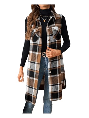 GORGLITTER Women's Plaid Vest Fleece Collar Neck Sleeveless Blazer Jacket Outwear