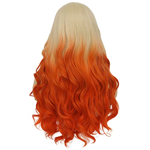 Image of Swiking Blonde Ombre Orange Long Curly Wig Oange Wave Wig Synthetic Middle Part Fluffy Hair Halloween Cosplay Party Costume Wigs