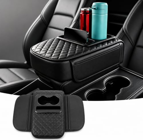 Image of Eliane Car Center Console Armrest Cover Pad Fashion PU Leather Car Armrest Cushion Fit for SUV, Auto Armrest Seat Box Cover with 2 Mobile Pockets, Ergonomic Comfort & Easy Install (Black) (Design 2)