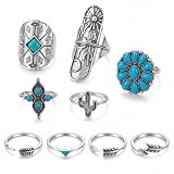 ELABEST Size7-9 Western Ring Set Silver Turquoise Cactus Arrow Flower Carved Retro Stackable Joint Knuckle Finger Rings Sets for Women(9 Pcs)