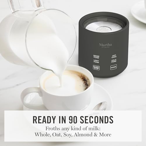 Image of Martha Stewart Milk Frother and Steamer, 10oz /300ml Glass Cup, 4 Presets (Cold Foam, Light, Dense & Hot Chocolate), Ready in 90 Seconds, Cordless Pouring, One-Touch for Hot and Cold Milk, Caviar Gray