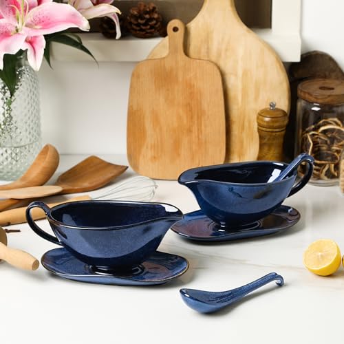 Vicrays Gravy Boat with Saucer - Large 17oz Ceramic Sauce Boat with Tray Set of 2 for Turkey Salad Dressings Creamer Milk Broth - Thanksgiving Christmas Holiday Serving Dishes - Blue - Thumbnail 7