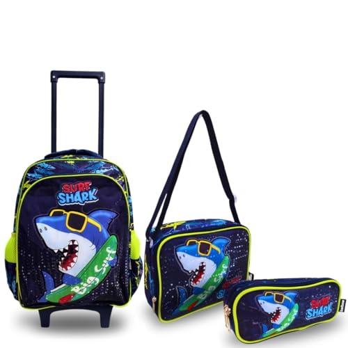 Balboa Kit Escolar Infantil com Rodinhas Tubarão Surfista AMZ-212 Mochila com Alças, Lancheira Térmica e Estojo Duplo Design para Meninos