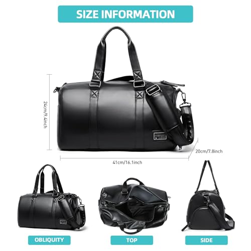 Leather Duffel Bag Men Adjustable Shoulder Strap Leather Travel Gym Bag with Shoe Compartment for Weekend Travel Overnight Sports, Black, 32L4