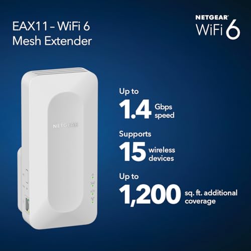 Image of NETGEAR WiFi 6 Mesh Range Extender (EAX11) - Add up to 1,200 sq. ft.,15 Devices with AX1400 Dual-Band Wireless Signal Booster & Repeater (up to 1.4 Gbps Speed), WPA3 Security, One WiFi Name