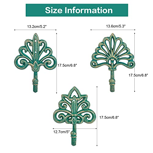 Sungmor Cast Iron Decorative Wall Hooks, 3Pc Antique Green Large Heavy Duty Wall Mounted Hanging Hooks, Unique Pretty French Country Style Farmhouse Wall Decor Hangers For Coats, Scarfs, Bags, Towels #TOP6